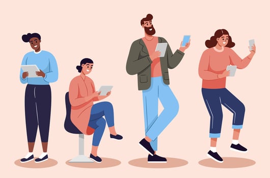 People use Smartphones, tablet. communication on the Internet, chatting, social networks. Flat Cartoon Vector Illustration.