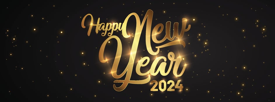 Happy New Year of glitter gold fireworks. Vector golden glittering text and 2024 numbers with sparkle shine for holiday greeting card.