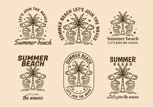 Summer beach, Let's join the waves. Line art illustration of coconut tree and waves vector