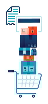 illustration of shopping basket containing stacks of shopping boxes ordered online with credit card and receiving  receipt. Design can be used for landing page, website, brochure, flyer vector