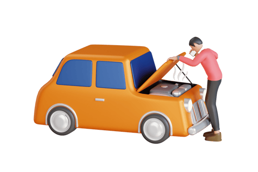 man calling for assistance with his car broken down by the roadside. Man call car service. 3d illustration png