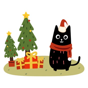 Set of lovely cat falling in love with Christmas theme flat vector illustration isolated on white background. Merry Christams and Happy New Year.