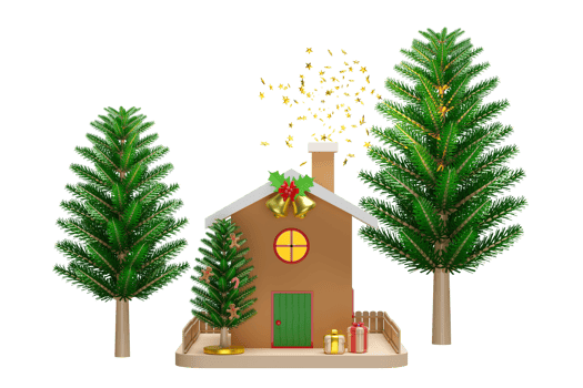 christmas tree with house, fence, jingle bell, gift box, gingerbread man, candy cane. merry Christmas and festive New Year, 3d render illustration png