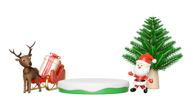 3d Podium empty with reindeer,  Santa Claus, sleigh, gift box, christmas tree. merry christmas and happy new year, 3d render illustration png