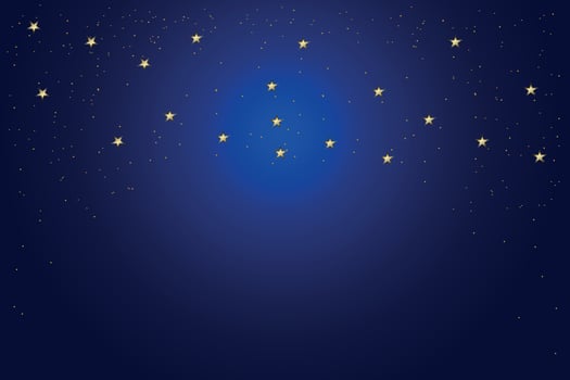 Background. Ornament of gold stars and small gold sparkles on a blue gradient background. Festive background or design element for New Year cards. Vector illustration.