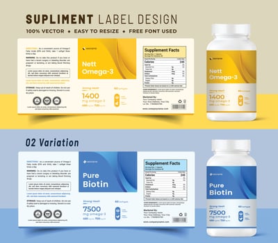 Multi vitamin label sticker design and natural food supplement banner packaging, bottle jar label medicine health nutrition medicine tablet product print vector. vector