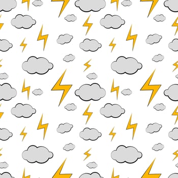 Seamless texture with clouds and lightning on white background vector