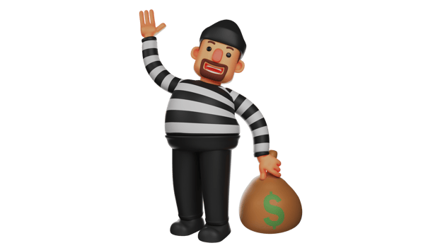 3D illustration. Happy Thief 3D Cartoon Character. Thief managed to escape with his stolen goods. A thief standing carrying a sack of money. Thief smiled while waving his hand. 3D cartoon character png