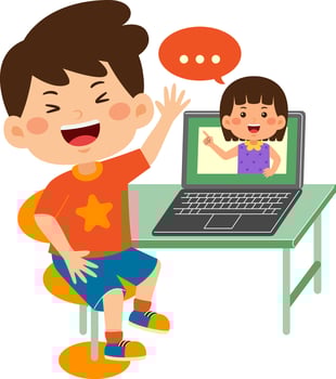 cute little kid boy use laptop vector
