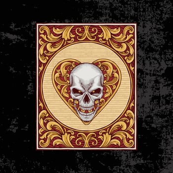 vintage style red heart ace poker skull illustration with ornaments and borders. textured black background vector