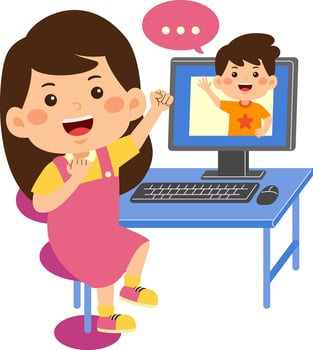 cute little kid girl use computer vector