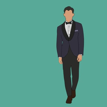 Vector of a flat faced man in a dark purple tuxedo formal dress.