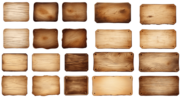 Realistic set of wooden plaques and signboards isolated on transparent background. Different blank for text plates made of natural wood and oak. AI generative png