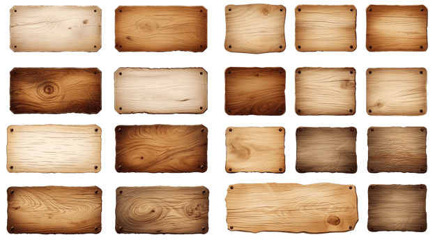 Realistic set of wooden plaques and signboards isolated on transparent background. Different blank for text plates made of natural wood and oak. AI generative png