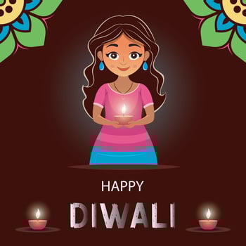 Happy Diwali Background Vector Illustration with Cartoon girl holding oil lamp Flat Design, Deepavali greeting card , Diya Deepawali wishes poster with oil lamps, Social Media Post Template