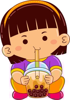 girl kids drinking iced bubble vector illustration