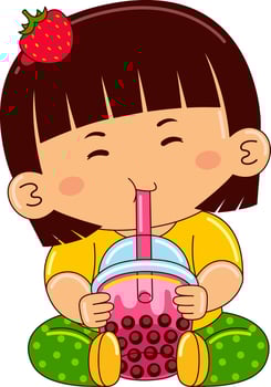 girl kids drinking iced bubble vector illustration