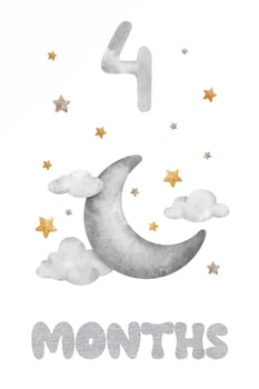 Baby Milestone Card with Beige Hot Air Balloon, clouds and stars. Baby's four month. Four months of baby. Monthly numbers cards. Newborn month postcard. Card for kids' photos. vector