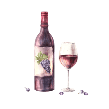 A bottle and glass of red wine with grape berries. Watercolour hand draw food illustration. Wine making set for your design print of label sticker, flyers, menu, wine list, card png