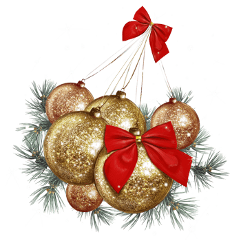 golden shiny christmas balls with red bows with fir branches png