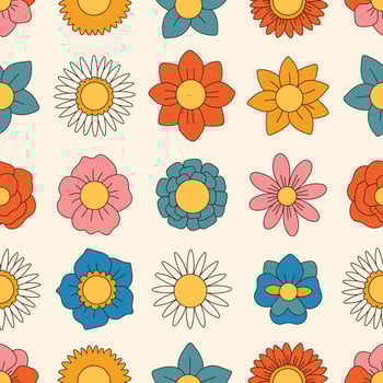 Groovy flowers seamless pattern. Retro 70s smiling face flowers graphic elements isolated. Hippie, peace, flower power simple linear style Groovy decorative vector illustration. Retro vintage flowers.