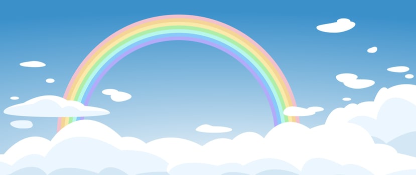 Blue sky background with clouds and rainbow. Vector illustration for cover, banner, poster, web and packaging.