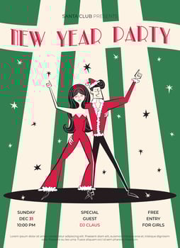 Night club retro New year party invitation. 60s - 70s style New year poster with couple. Christmas vector illustration with woman in red and Santa Claus.