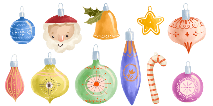 New year and Christmas toys on spruce. Childish hand painted illustration. Isolated elements png