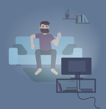Colorful vector illustration featuring man sitting on a sofa and watching TV at night. Flat vector illustration.