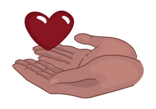 Doodle of hands hold abstract heart. Concept of giving love. St Valentine holiday design. Cartoon vector illustration isolated on white.