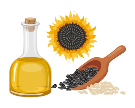 Sunflower set. Sunflower oil, sunflower plant, seeds in a canvas bag, wooden spoon and bowl. Agriculture, food. Vector