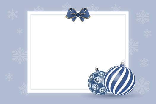 New Year greeting card template for text with Christmas balls and bow. Banner, flyer. Vector