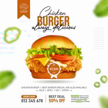 Delicious fried chicken burger in 3d illustration social media vector