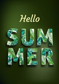Hello summer, summertime. The text poster against the background of tropical plants. The poster for sale and an advertizing sign.  Vector Illustration.