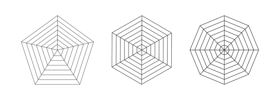 Pentagon, hexagon, octagon graphs. Collection of radar spider templates. Spider mesh. Set of blank radar charts. Flat web diagrams for statistic, analytics. Vector outline illustration.