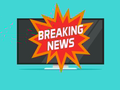 Breaking news sign on tv screen vector illustration flat cartoon, concept of hot news television symbol image