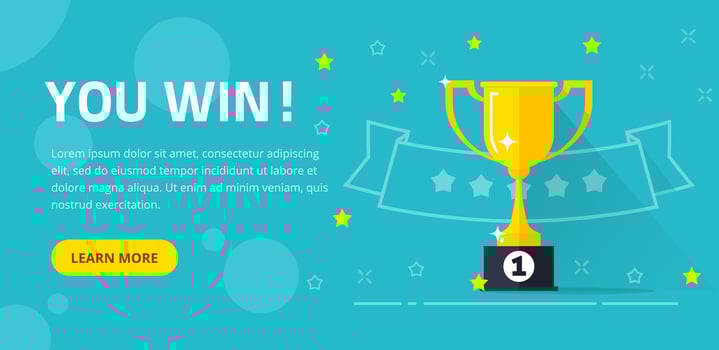 Winner success award web banner or competition achievement cup win background vector illustration flat cartoon, idea of first place prize flyer, contest champion trophy website backdrop template