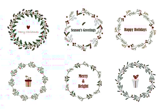 Collection of Christmas floral wreaths. Modern design for winter Holidays. Illustration for invitation card, poster, banner, greeting card, postcard, packaging, print vector