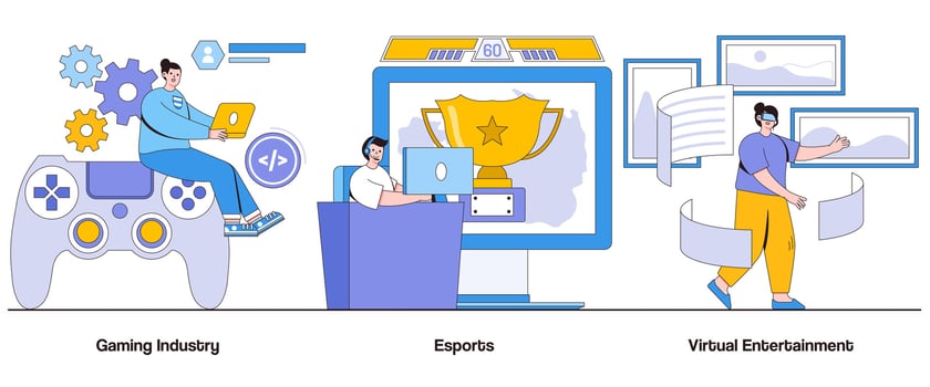 Gaming industry, esports, virtual entertainment concept with character. Business gaming abstract vector illustration set. Esports competitions, gaming trends, immersive gameplay metaphor