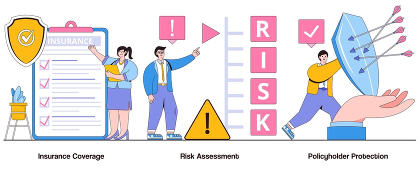 Insurance coverage, risk assessment, policyholder protection concept with character. Insurance abstract vector illustration set. Coverage evaluation, risk mitigation, financial security metaphor