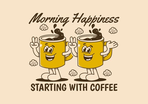 Morning happiness starting with coffee. Vintage mascot character of coffee mug with happy face vector