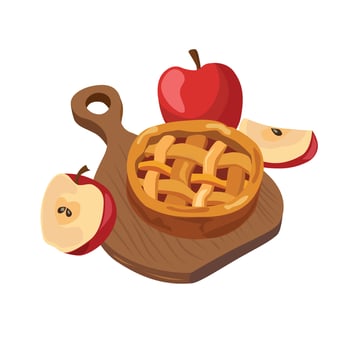 Apple Pie cake vector. Apple Pie on wooden board. Thanksgiving traditional dish. Autumn harvest. Flat vector in cartoon style isolated on white background.