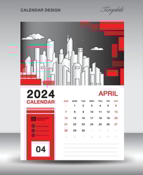 Calendar 2024 design template- April 2024 year layout, vertical calendar design, Desk calendar template, Wall calendar 2024 template, Planner, week starts on sunday, red vector