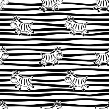 Zebras with party hat hand drawn seamless pattern. Cute cartoon Zebra on stripped background vector