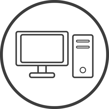 Computer icon in thin line black circle frames. png