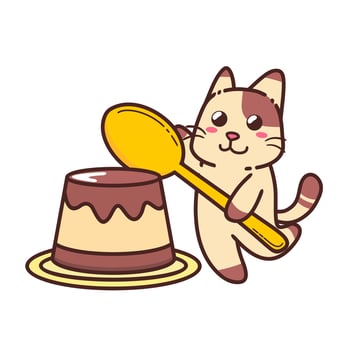 Cute Adorable Happy Brown Cat Eat Pudding Sweet Character cartoon doodle vector illustration flat design style