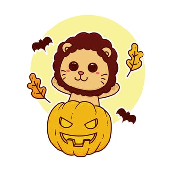 happy cute lion pumpkin halloween event adorable cartoon doodle vector