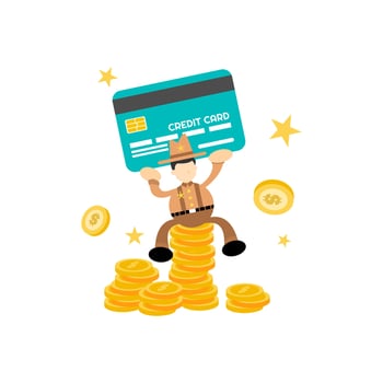 A man holding a credit card over a pile of coins vector