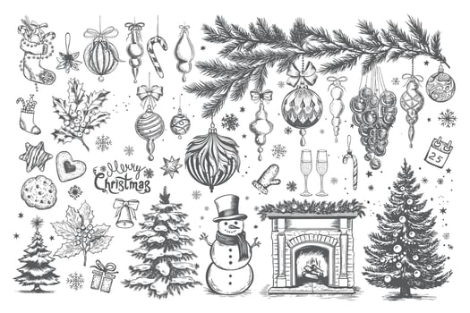 Christmas tree, toys, hand drawn style, vector illustration