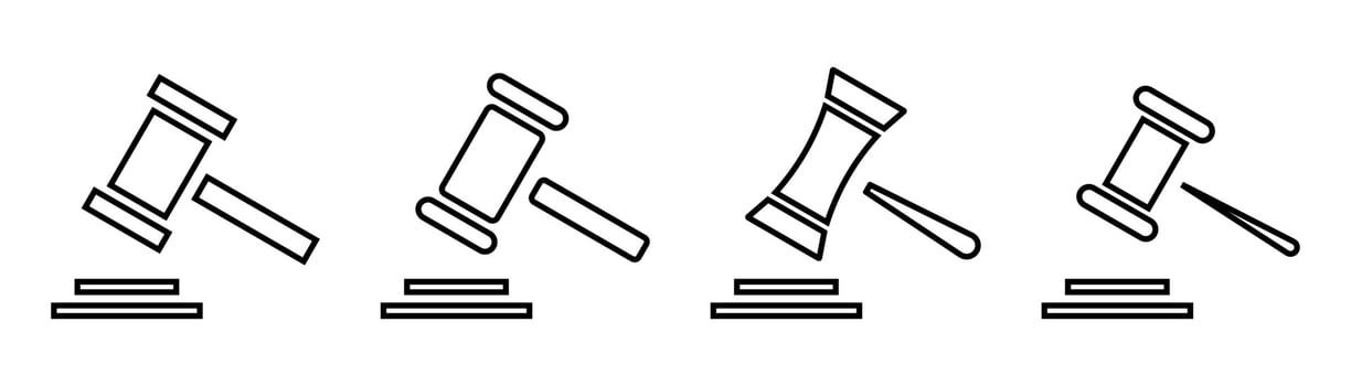 Gavel icon set. Hammer symbol in outline. Gavel icon in vector. Judgement sign. Auction symbol. Gavel vector illustration. Bid symbol in line